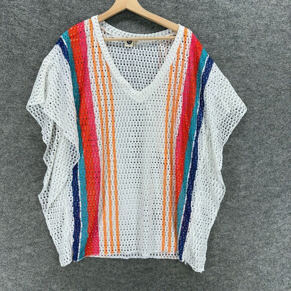 Roxy Top Women S Small White Striped V-Neck Crochet Short Sleeve Pullover Casual - Picture 1 of 7